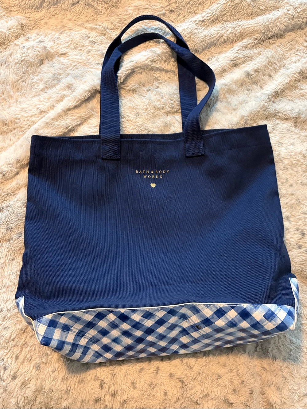 Bath & Body Works Navy Tote with Blue-and-White Gingham Base